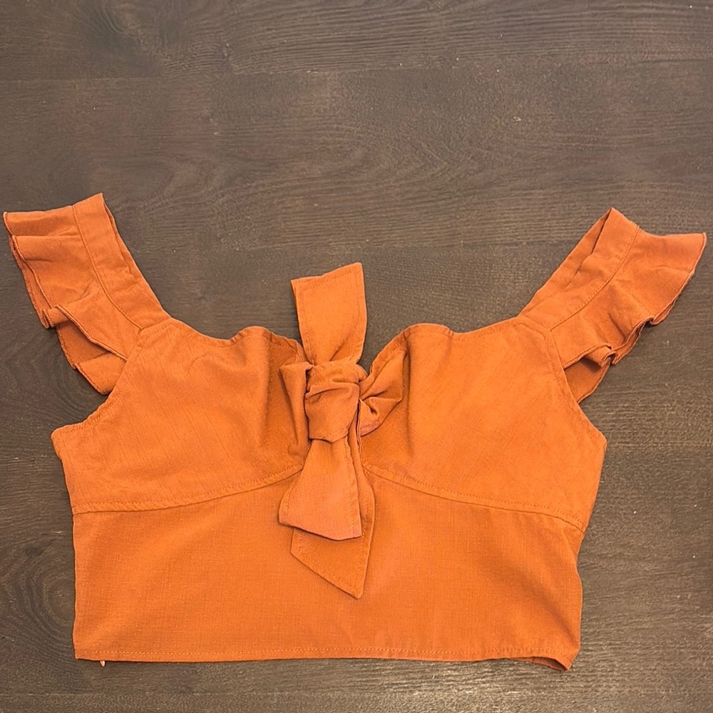 Cider Terracotta Ruffle Sleeve Crop Top